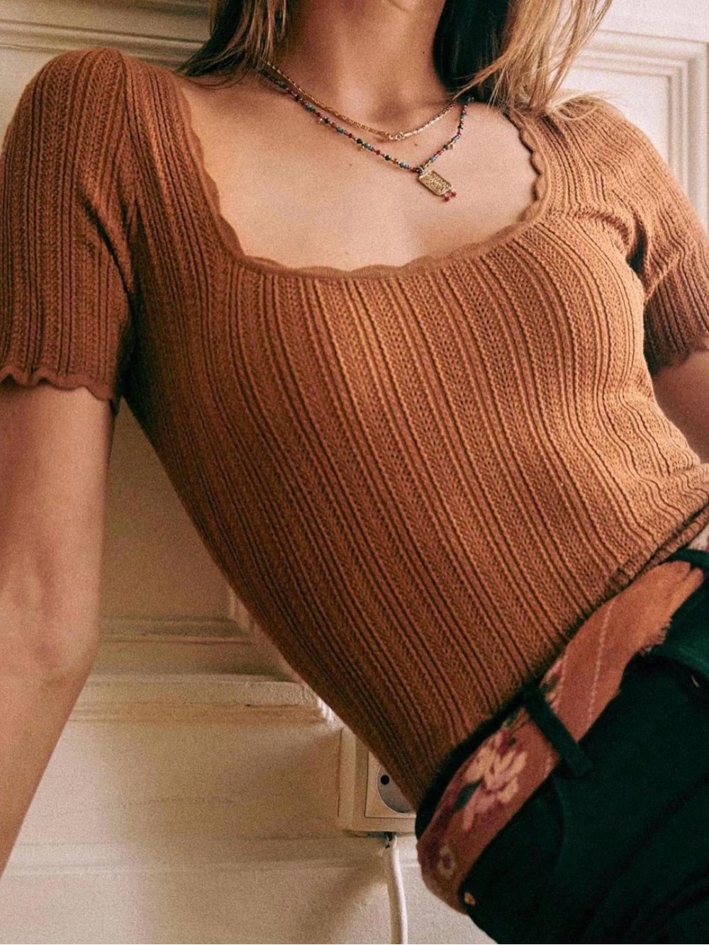 Sezane La Maille Anil Camel Brown Scallop Ribbed Short Sleeve size S